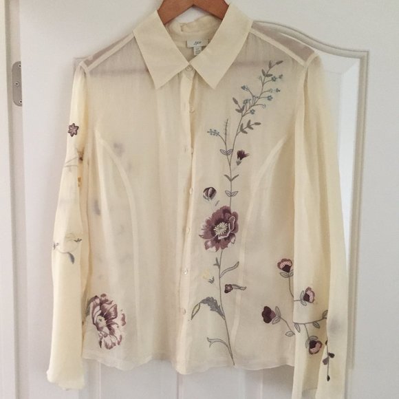 J.Jill Beautiful Embroidered Blouse, Long Sleeve, Button Front, Petite Large - Picture 1 of 5